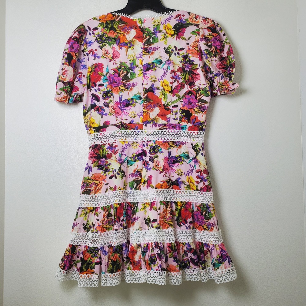 Aqua x Mary Katrantzou Pink Floral Lace Trim Mini Dress Women's Size Medium - Picture 15 of 16
